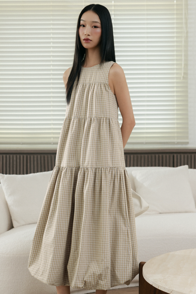 MARLOW CHECKS BUBBLE MAXI IN SANDSTONE