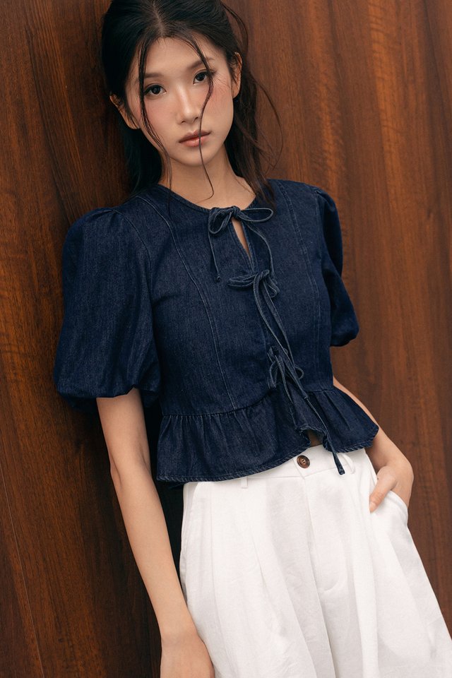MOLLY RIBBON DENIM TOP IN DARK WASH