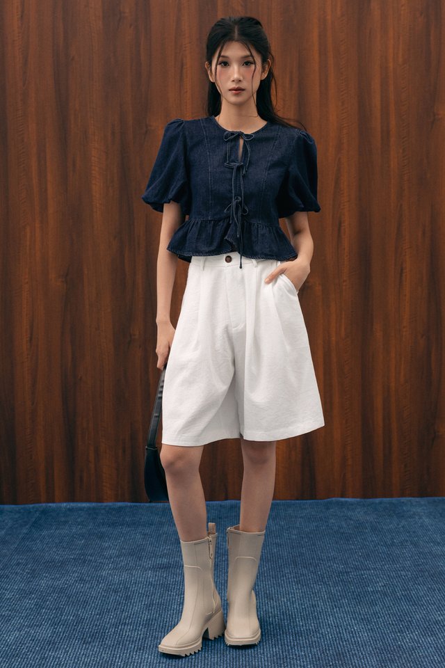 MOLLY RIBBON DENIM TOP IN DARK WASH