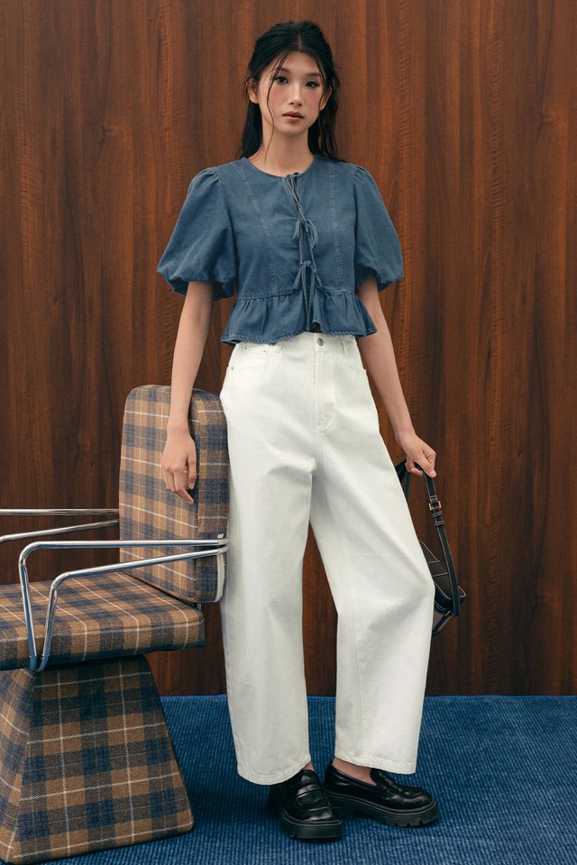 MOLLY RIBBON DENIM TOP IN MID WASH