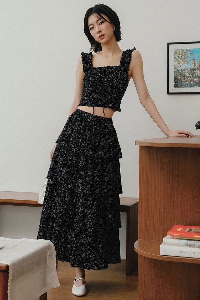 ODIE POLKA DOT TIERED MAXI IN BLACK