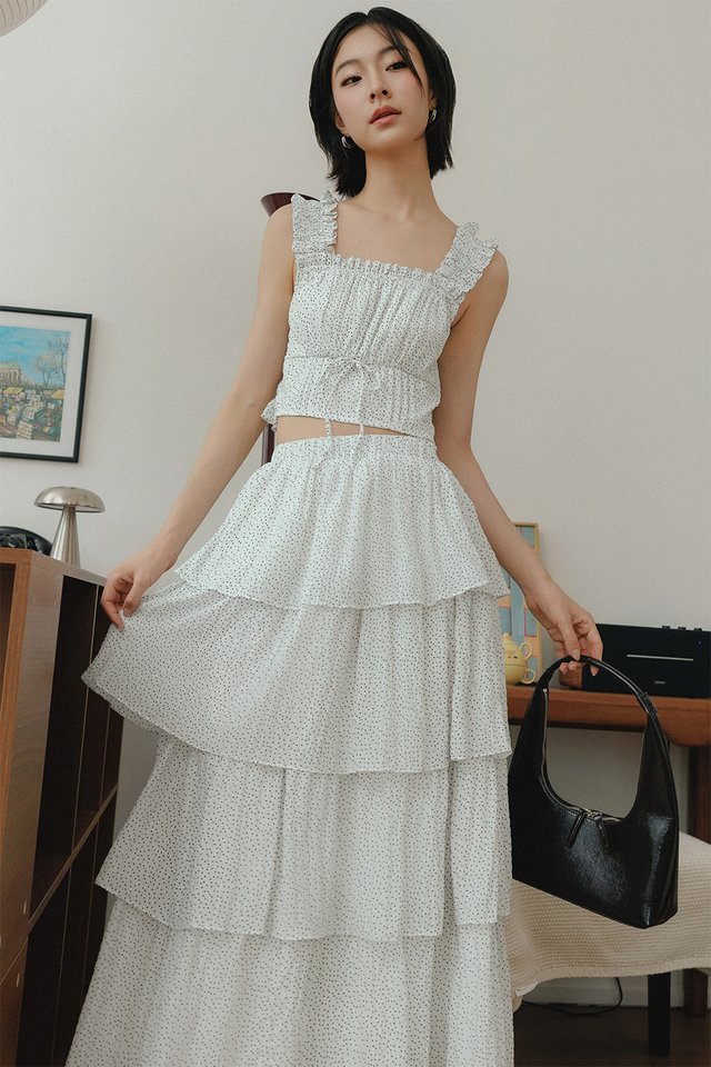 ODIE POLKA DOT TIERED MAXI IN WHITE