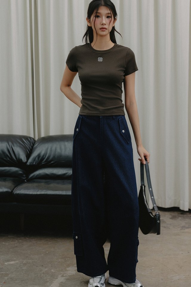 TARA CARGO BARREL JEANS IN DARK WASH
