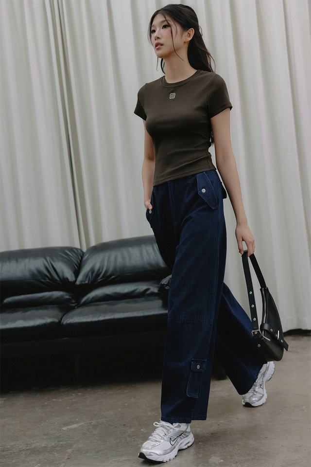 TARA CARGO BARREL JEANS IN DARK WASH