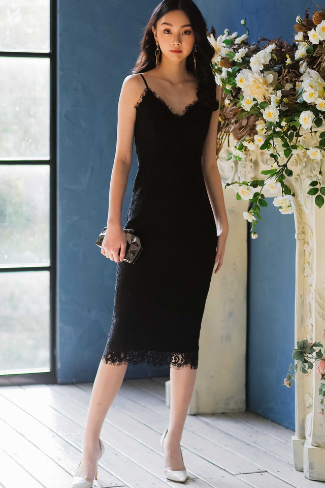 *RESTOCKED* MARQUIS LACE SHEATH MIDI IN BLACK