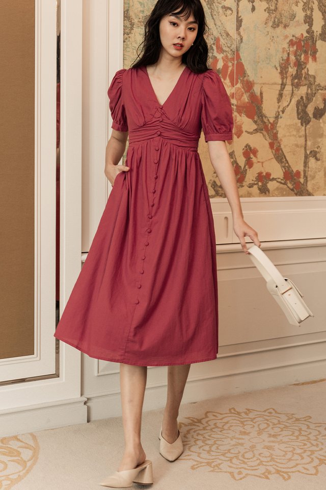 LEAH LINEN MIDI IN ROSE RED