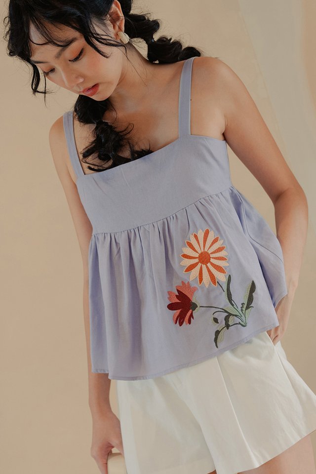 RAIDEN EMBROIDERY BABYDOLL TOP IN PERIWINKLE