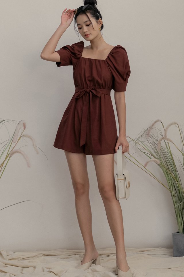 KYRIE LINEN PLAYSUIT IN OXBLOOD