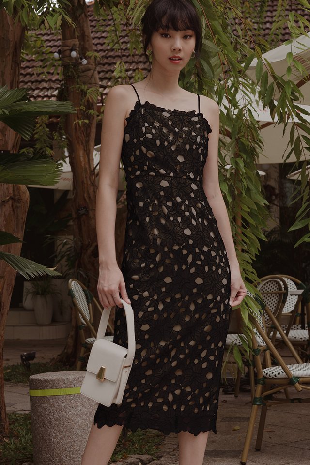 ADRIEL CROCHET SHEATH MIDI IN BLACK