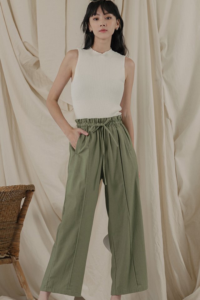 NAT LINEN DRAWSTRING PANTS IN KHAKI OLIVE