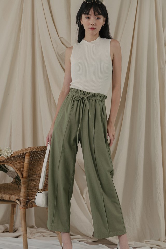 NAT LINEN DRAWSTRING PANTS IN KHAKI OLIVE