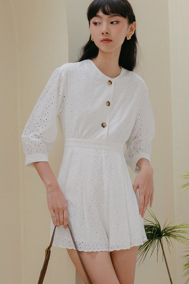 LEXIE EYELET BUTTON PLAYSUIT IN WHITE